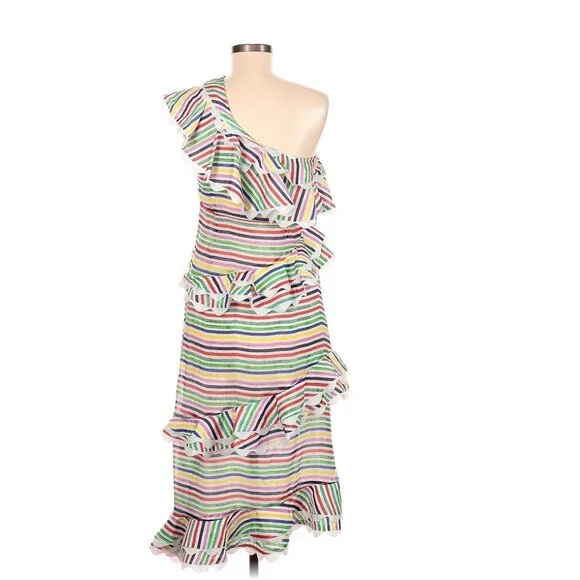 CeliaB Rainbow Striped One Shoulder Ruffle Midi Dress Medium - Picture 4 of 10